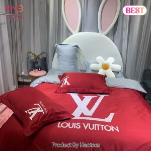 [SALE] Louis Vuitton White Logo Red Luxury Brand Premium Bedding Set Duvet Cover Home Decor