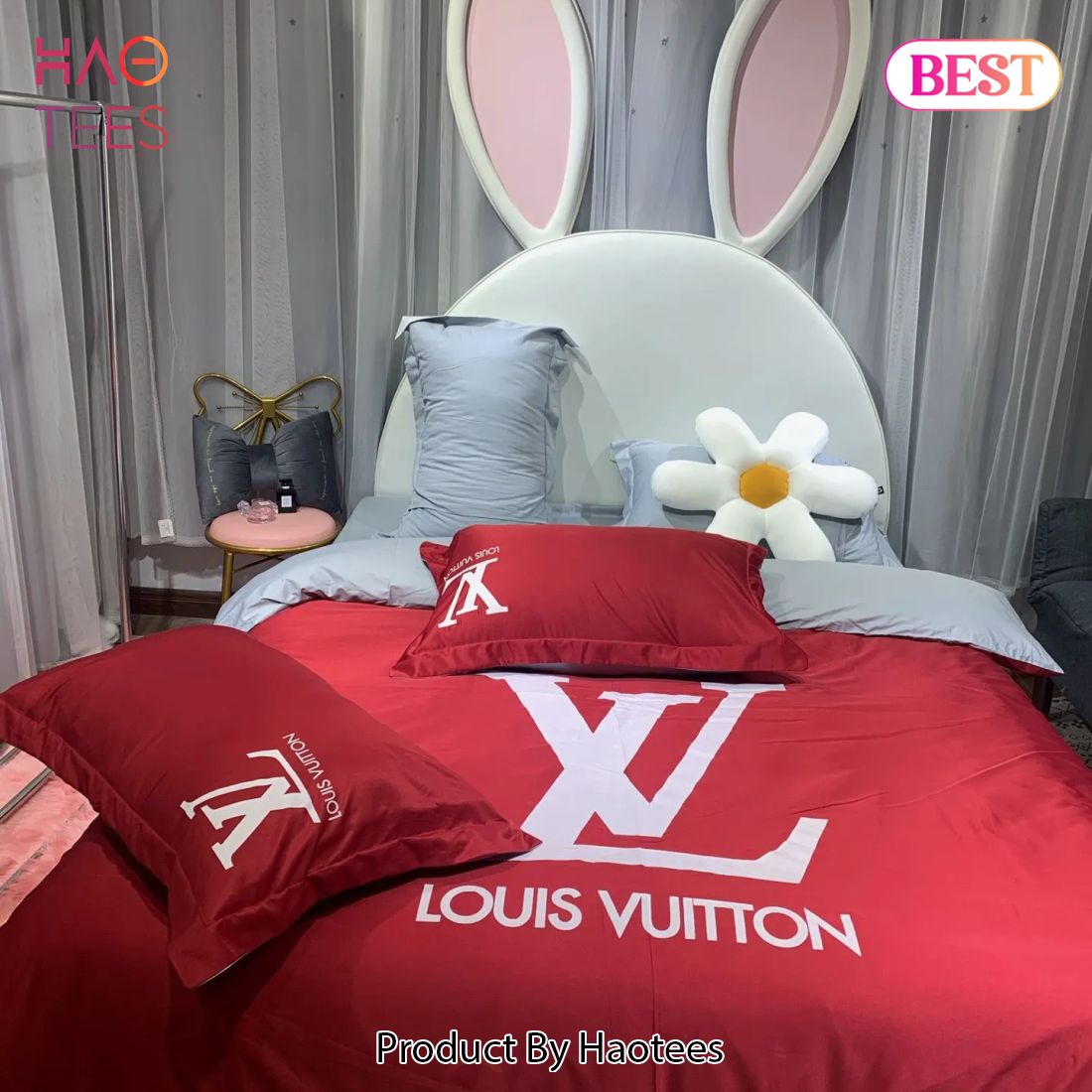 [SALE] Louis Vuitton White Logo Red Luxury Brand Premium Bedding Set Duvet Cover Home Decor Luxury Store