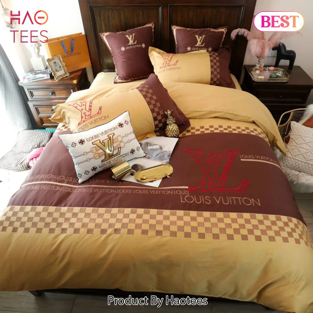 [SALE] Louis Vuitton Yellow Brown Luxury Brand Premium Bedding Set Duvet Cover Home Decor Luxury Store