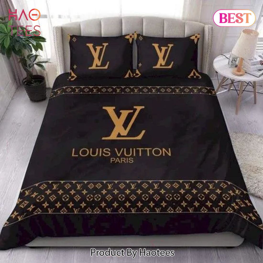 [SALE] Louis Vuitton Yellow Logo Black Luxury Brand Premium Bedding Set Duvet Cover Home Decor Luxury Store