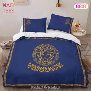 [SALE] Versace Blue Luxury Brand Logo High-End Bedding Set LV Home Decor