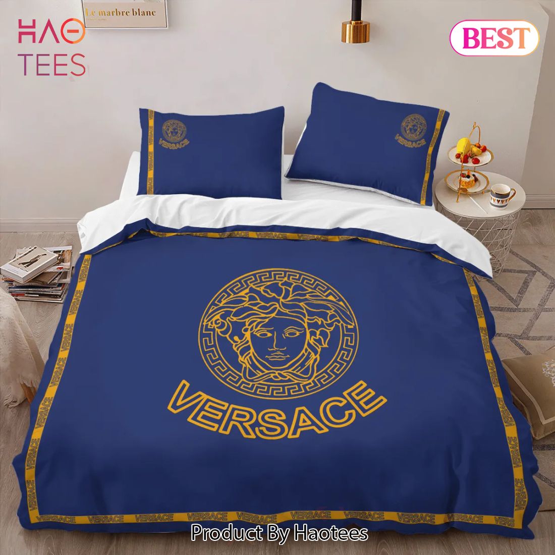 [SALE] Versace Blue Luxury Brand Logo High-End Bedding Set LV Home Decor Luxury Store