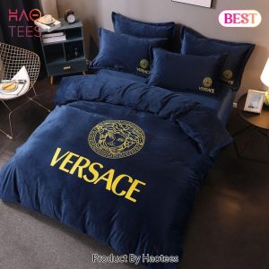 [SALE] Versace Deep Blue Fashion Logo Luxury Brand Bedding Set Home Decor