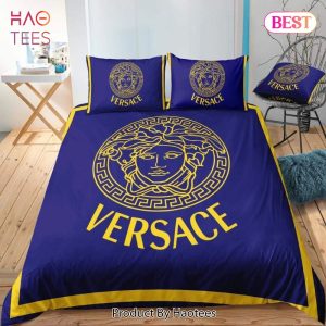 [SALE] Versace Golden Logo Blue Luxury Brand Bedding Set Duvet Cover Home Decor