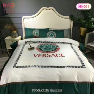 [SALE] Versace White Green Fashion Logo Luxury Brand Bedding Set Home Decor