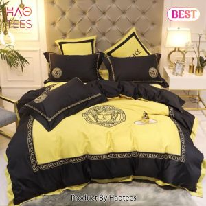 [SALE] Versace Yellow Black Premium Bedding Set Luxury Brand Duvet Cover Home Decor Special Gift