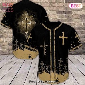 AVAILABLE Amazing Jesus Saves The Life Black Gold Cross Baseball Jersey