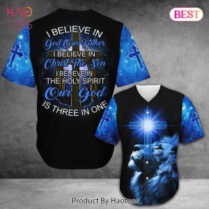 AVAILABLE Amazing Lion I Believe In God Blue Baseball Jersey