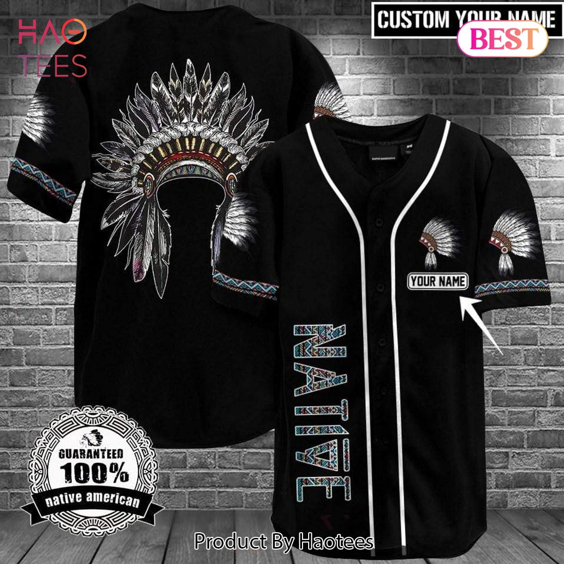 AVAILABLE Black Native American Headdress Chief Baseball Jersey AVAILABLE Black Native American Headdress Chief Baseball Jersey