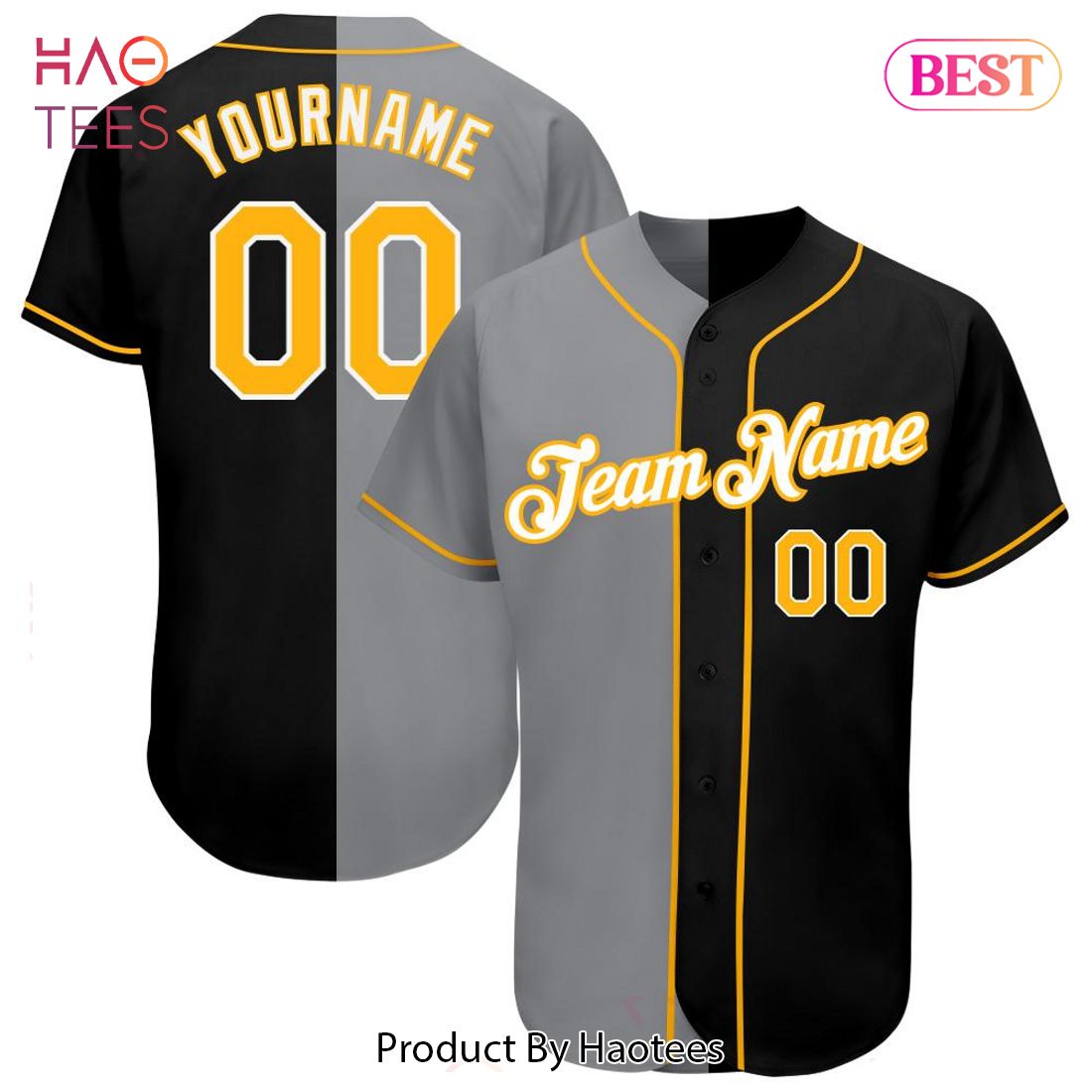 AVAILABLE Custom Black Gold Gray Authentic Split Fashion Baseball Jersey AVAILABLE Custom Black Gold Gray Authentic Split Fashion Baseball Jersey