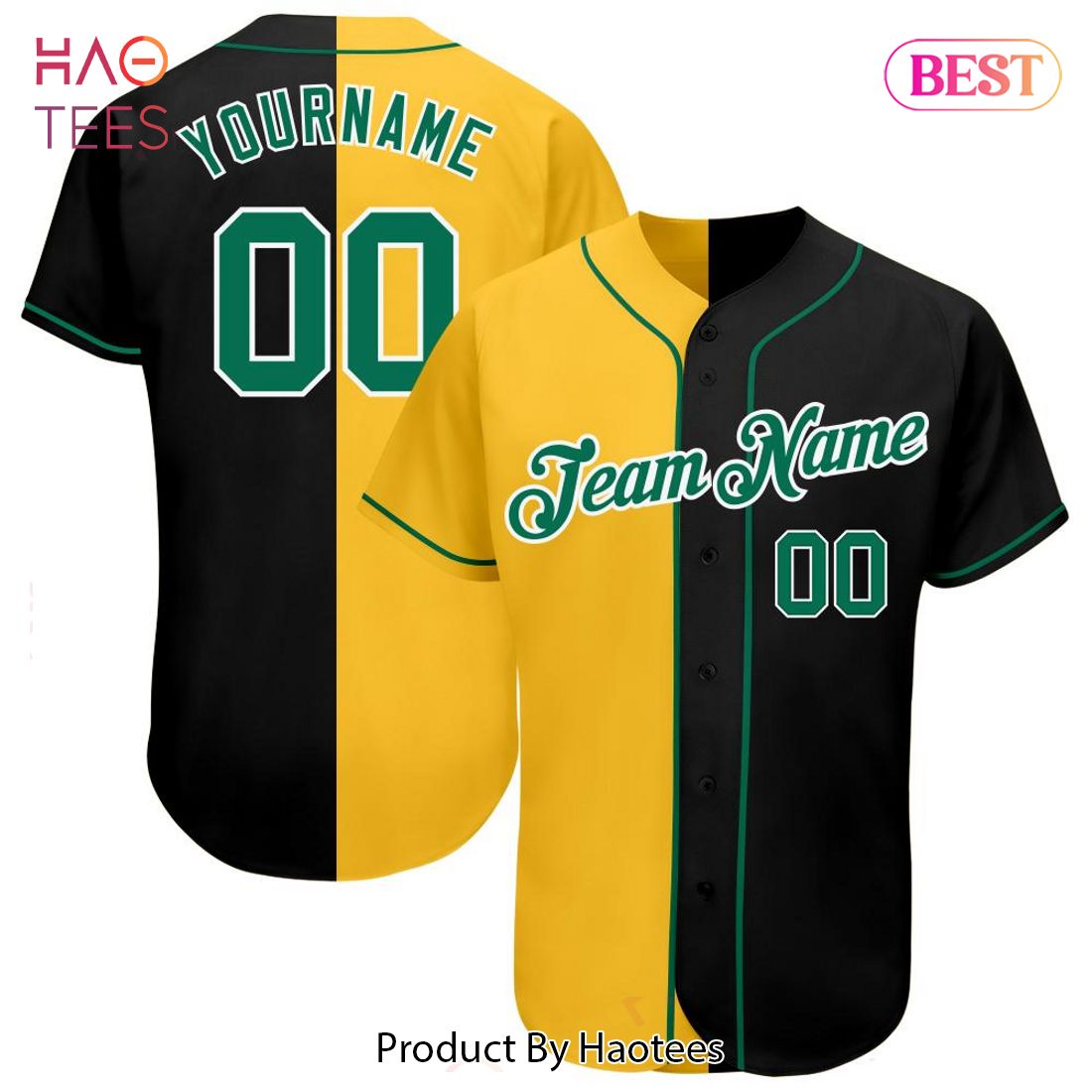 AVAILABLE Custom Black Kelly Green Gold Authentic Split Fashion Baseball Jersey AVAILABLE Custom Black Kelly Green Gold Authentic Split Fashion Baseball Jersey