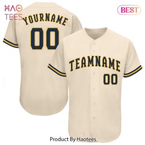 AVAILABLE Custom Cream Navy Gold Baseball Jersey