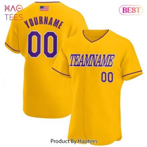 AVAILABLE Custom Gold Purple White Authentic American Flag Fashion Baseball Jersey