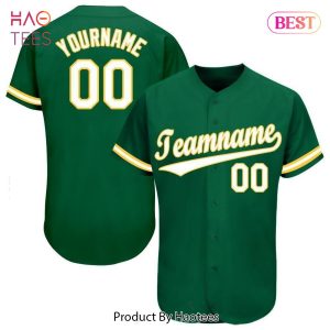 AVAILABLE Custom Kelly Green White Gold Baseball Jersey