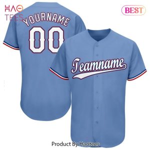 AVAILABLE Custom Light Blue White Red Baseball Jersey
