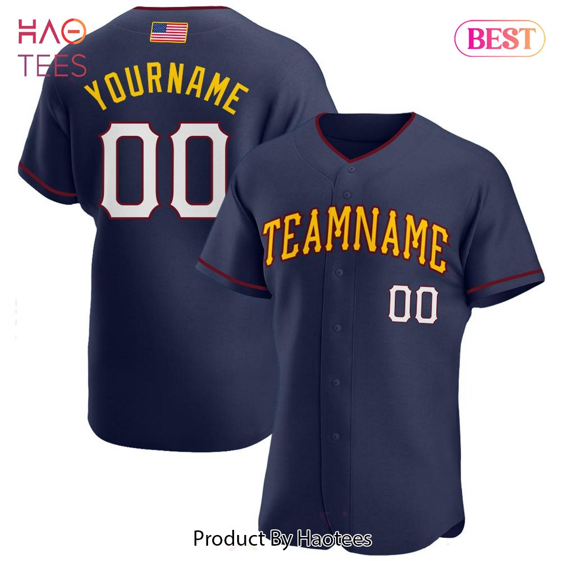 AVAILABLE Custom Navy White Gold Authentic American Flag Fashion Baseball Jersey AVAILABLE Custom Navy White Gold Authentic American Flag Fashion Baseball Jersey