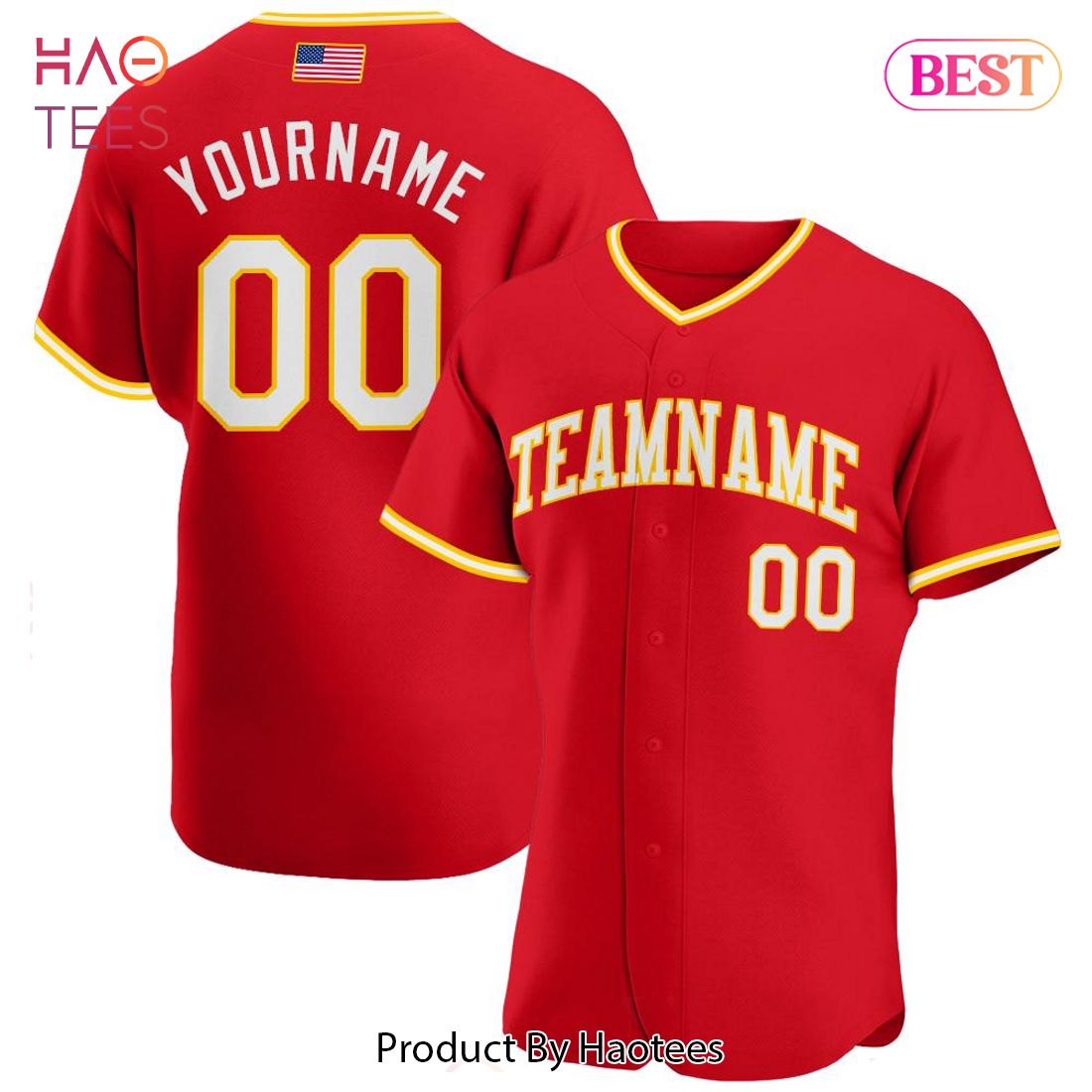 AVAILABLE Custom Red White Gold Authentic American Flag Fashion Baseball Jersey AVAILABLE Custom Red White Gold Authentic American Flag Fashion Baseball Jersey