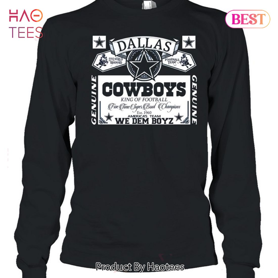 Dallas Cowboys Long Sleeve Gray NFL Shirt Front and Sleeve Graphic