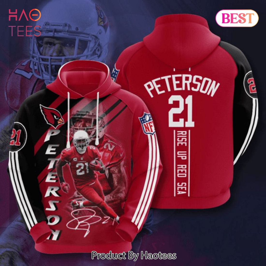 [AVAILABLE] Arizona Cardinals 21 Peterson Signature Rise Up Red Sea 3D Hoodie