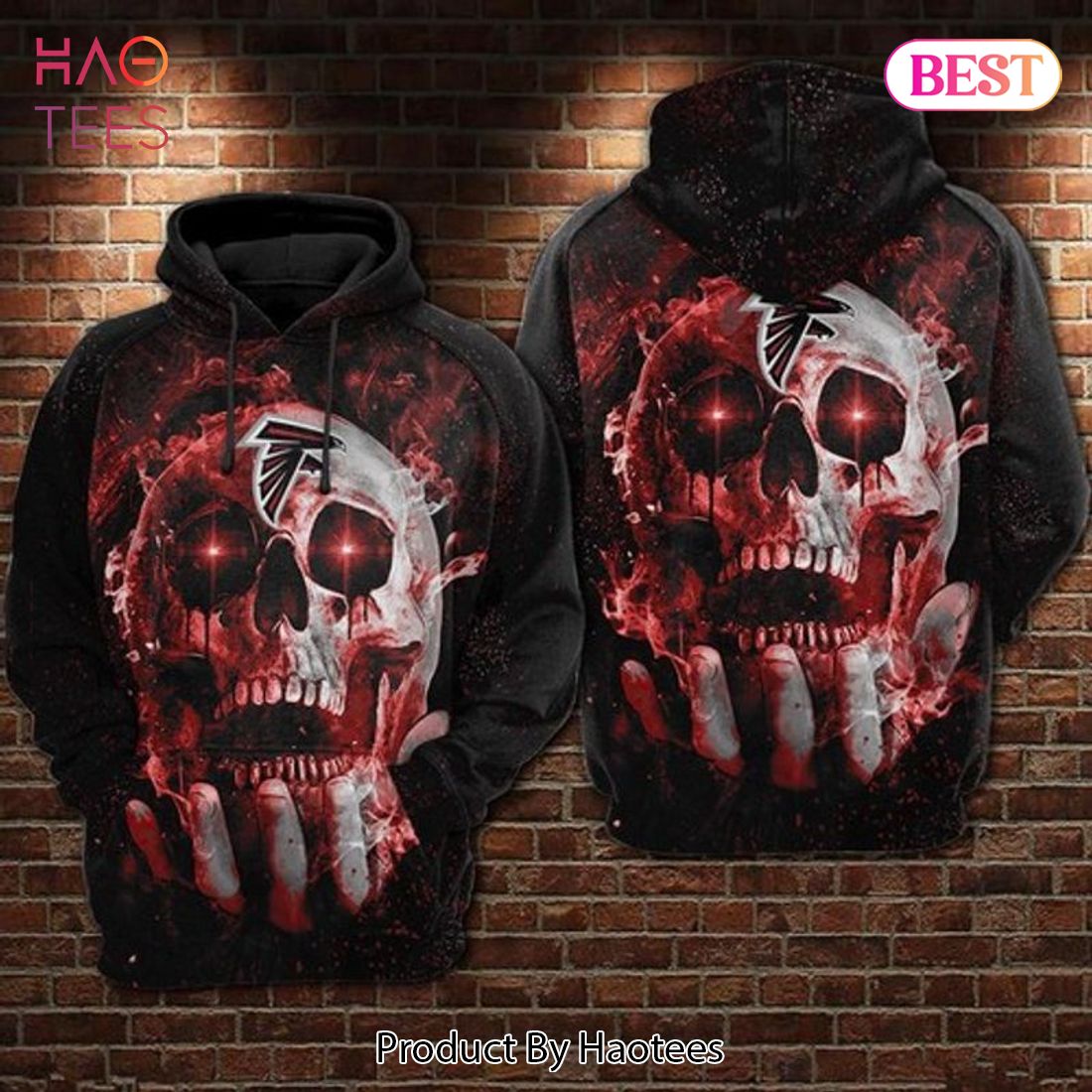AVAILABLE Atlanta Falcons Skull In Hand Black Red 3D Hoodie