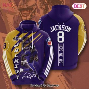 AVAILABLE Baltimore Ravens 8 Lamar Jackson Signature Here We Are 3D Hoodie