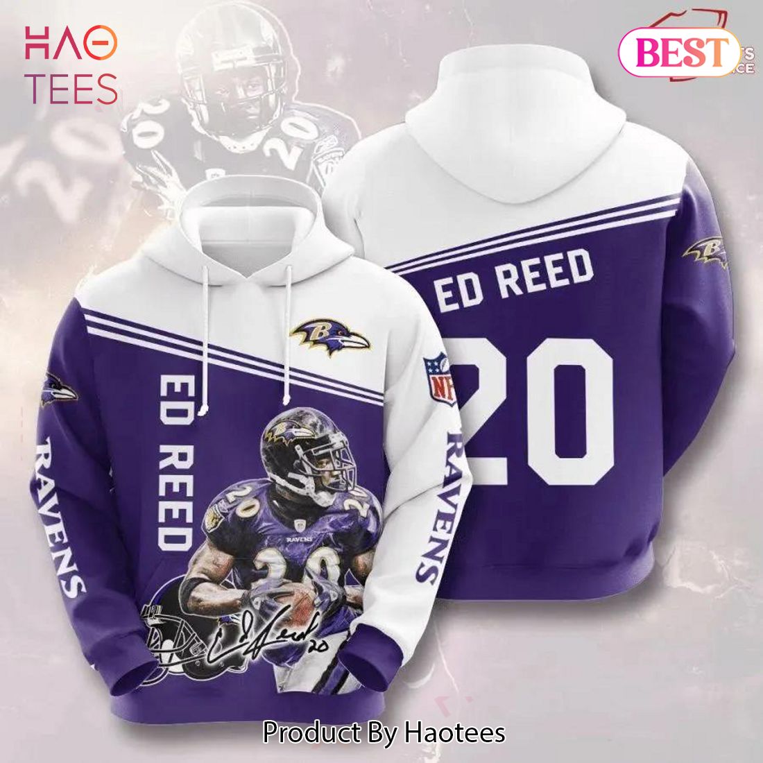 [BEST] 20 Ed Reed Baltimore Ravens Football Team Purple 3D Hoodie