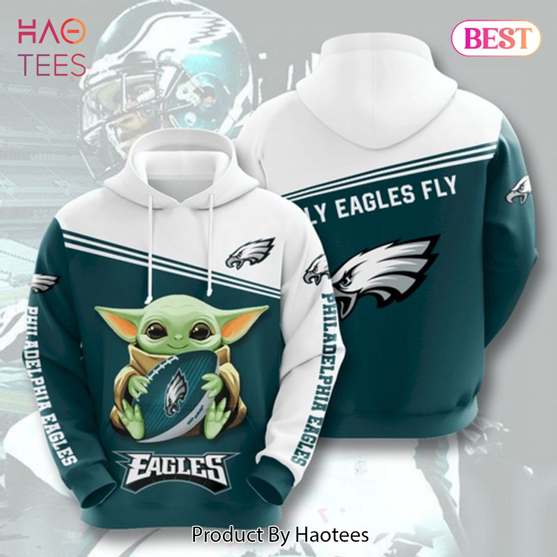 BEST Baby Yoda Star Wars Philadelphia Eagles Logo Fly Eagles Fly 3D Hoodie