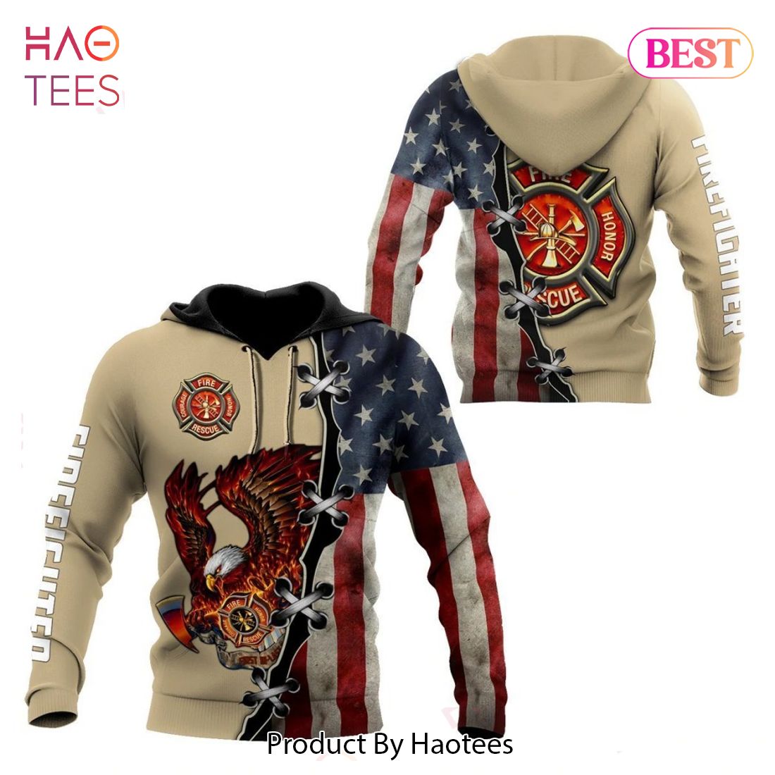 HOT American Firefighter Eagle with USA Flag 3D Hoodie