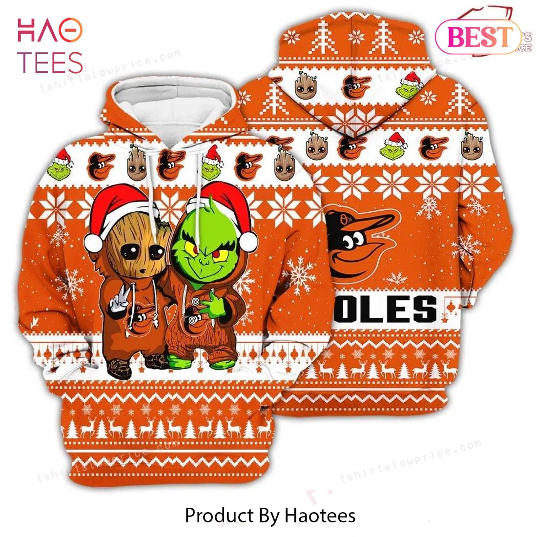 HOT Baltimore Orioles Baby Groot And Grinch Best Friends Football American Ugly Christmas 3D Hoodie HOT Baltimore Orioles Baby Groot And Grinch Best Friends Football American Ugly Christmas 3D Hoodie