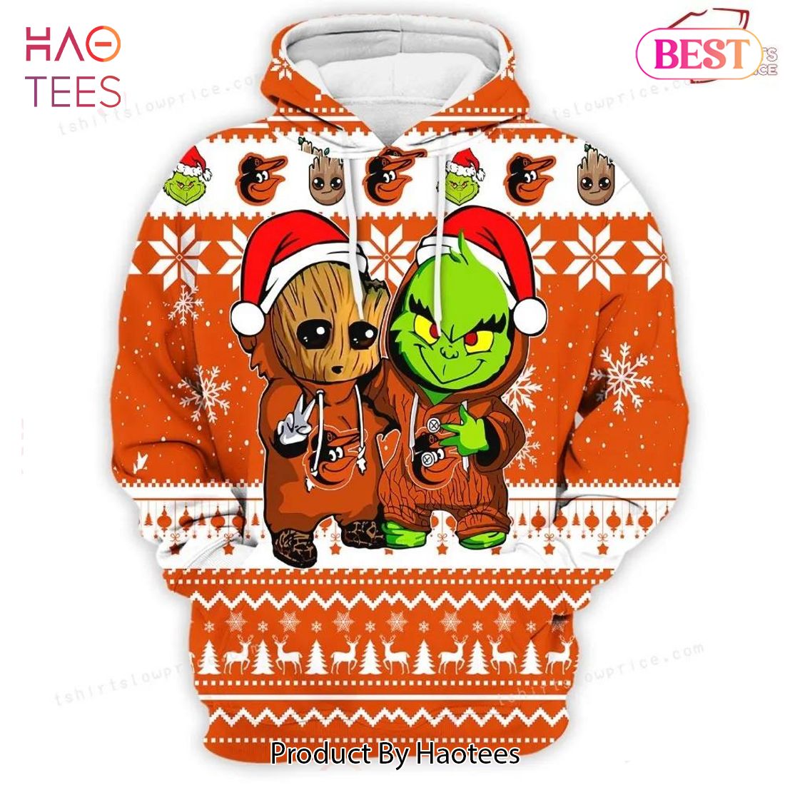 HOT Baltimore Orioles Baby Groot And Grinch Best Friends Football American Ugly Christmas 3D Hoodie HOT Baltimore Orioles Baby Groot And Grinch Best Friends Football American Ugly Christmas 3D Hoodie
