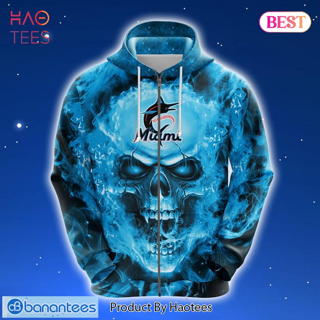 HOT MLB Miami Marlins Skull Funny Bule 3D Hoodie Zip Hoodie