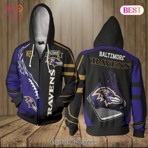 NEW Baltimore Ravens Logo Hands Zip 3D Hoodie