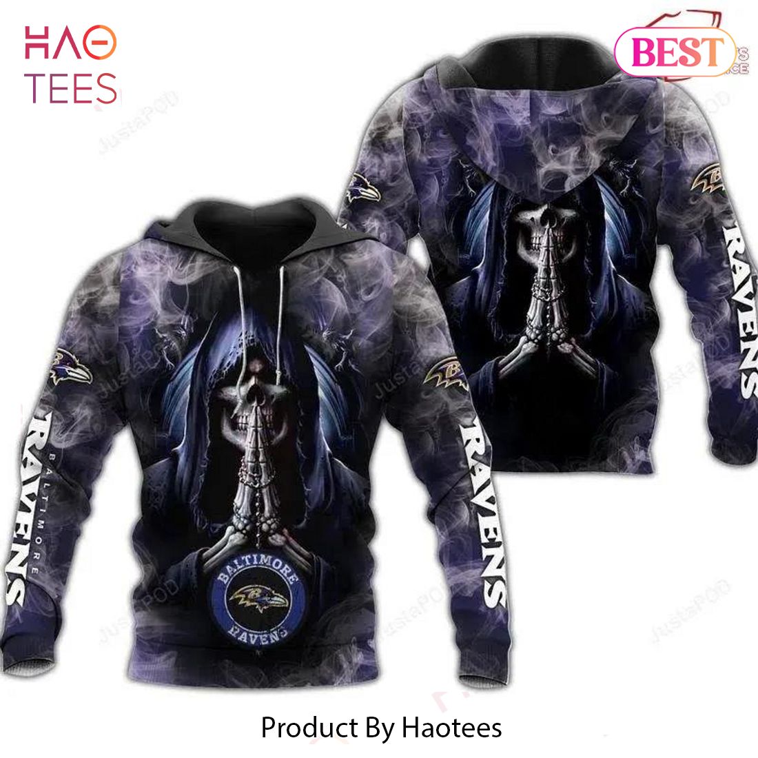 NEW Baltimore Ravens Skull Pray 3D Hoodie
