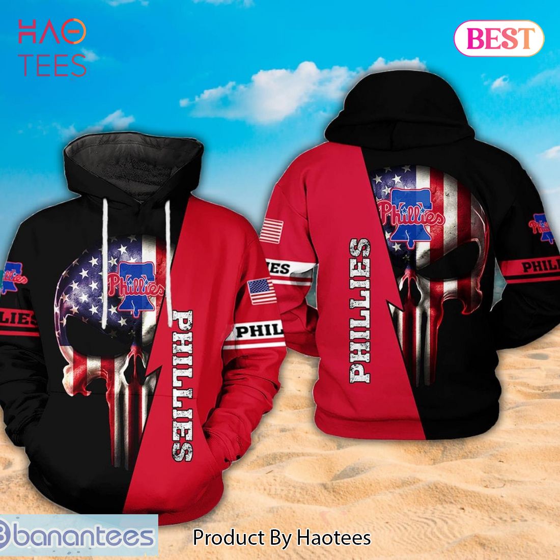 NEW Philadelphia Phillies MLB Logo American Flag And Skull Full Print 3D Hoodie