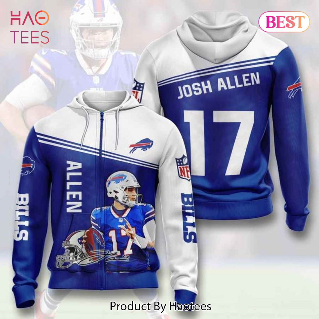 THE BEST Buffalo Bills 17 Josh Allen Signature Zip 3D Hoodie