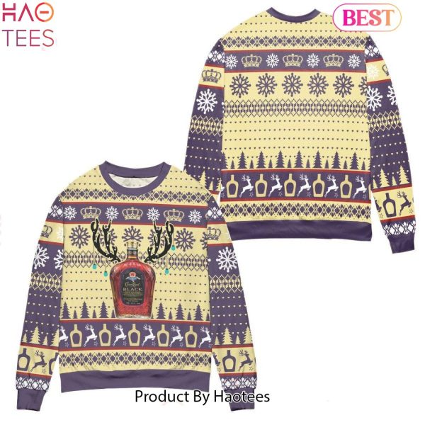 HOT TREND Crown Royal Black Reindeer & Snowflake Pattern Ugly Christmas Sweater