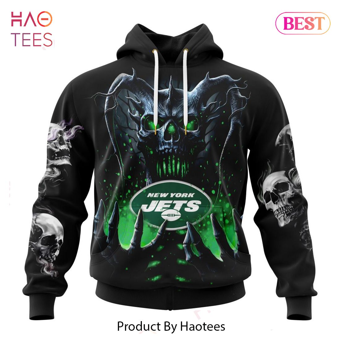 NFL New York Jets Skull Funny Green Hoodie, Zip Hoodie 3D All Over Print  For Fans