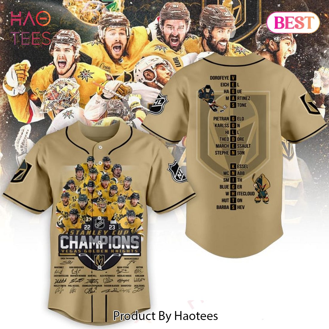 PREMIUM Vegas Golden Knights Stanley Cup Champions 2023 Gold Baseball Jersey V2 Jeysey