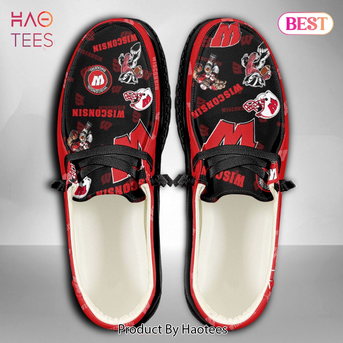 HOT NCAA Wisconsin Badgers Custom Name Hey Dude Shoes POD Design HOT NCAA Wisconsin Badgers Custom Name Hey Dude Shoes POD Design