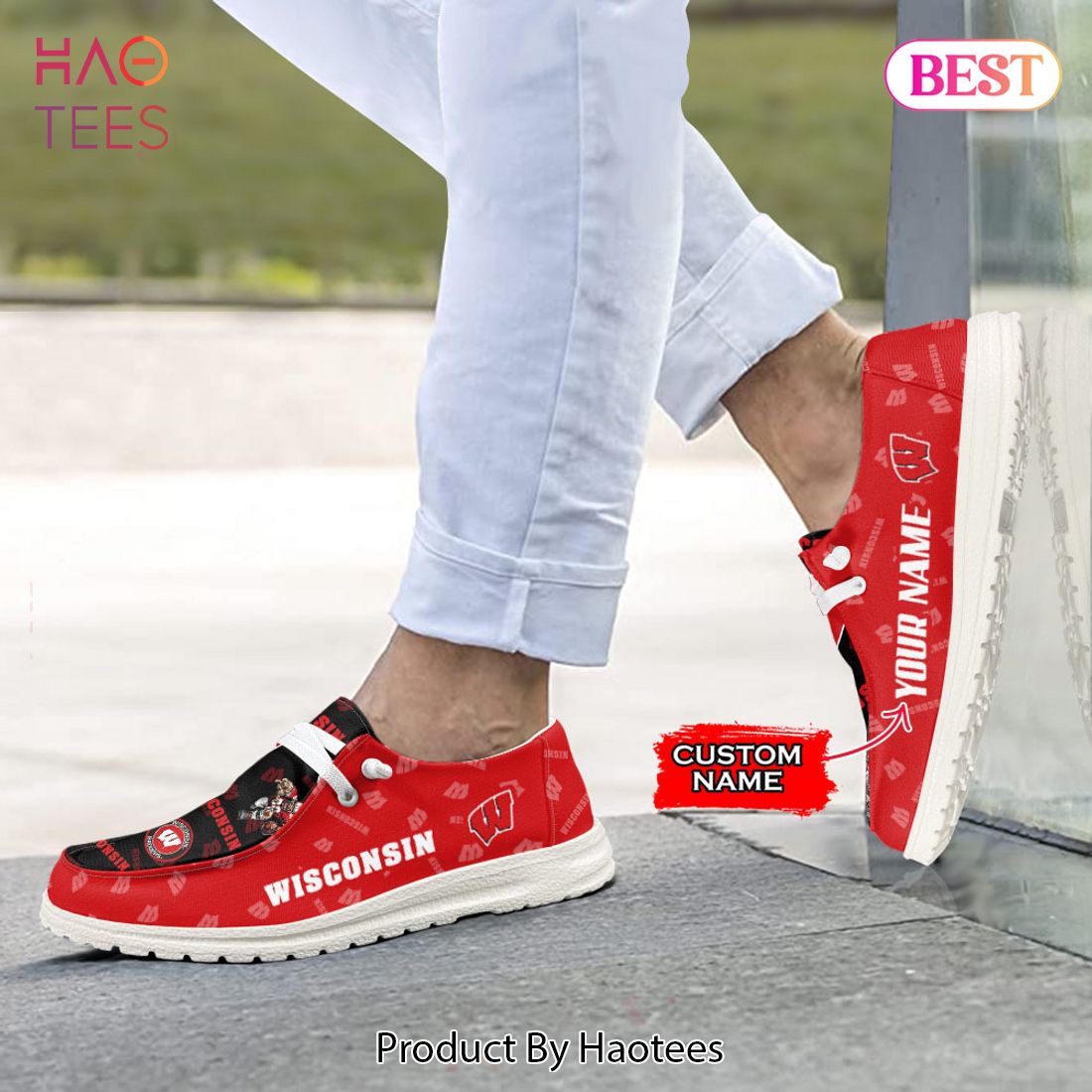 HOT NCAA Wisconsin Badgers Custom Name Hey Dude Shoes POD Design HOT NCAA Wisconsin Badgers Custom Name Hey Dude Shoes POD Design