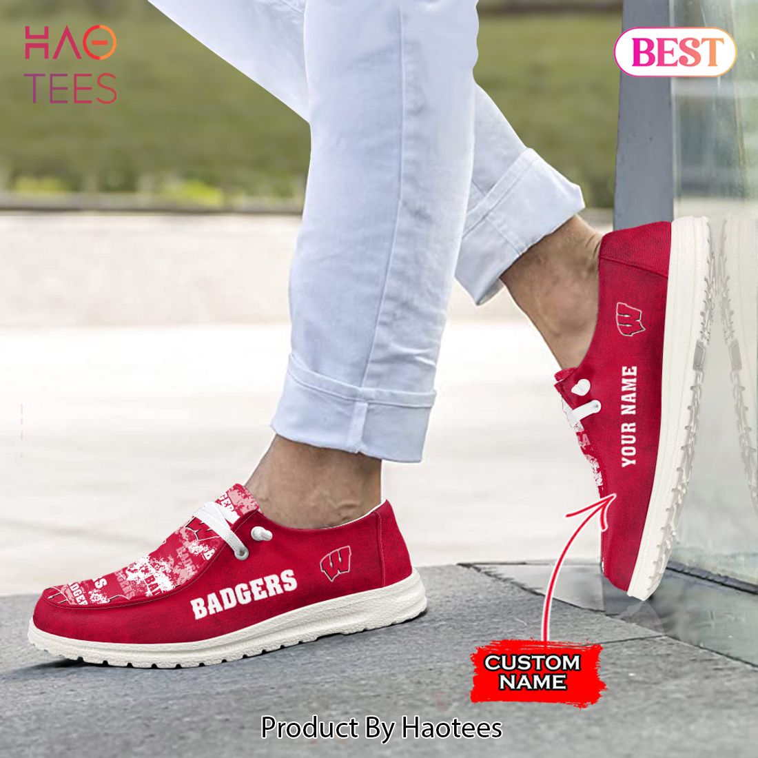 PREMIUM NCAA Wisconsin Badgers Custom Name Hey Dude Shoes PREMIUM NCAA Wisconsin Badgers Custom Name Hey Dude Shoes