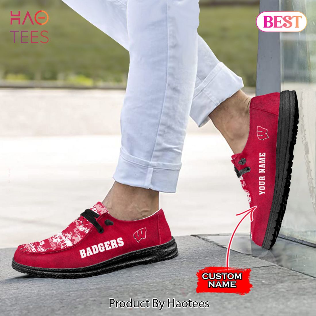 PREMIUM NCAA Wisconsin Badgers Custom Name Hey Dude Shoes PREMIUM NCAA Wisconsin Badgers Custom Name Hey Dude Shoes