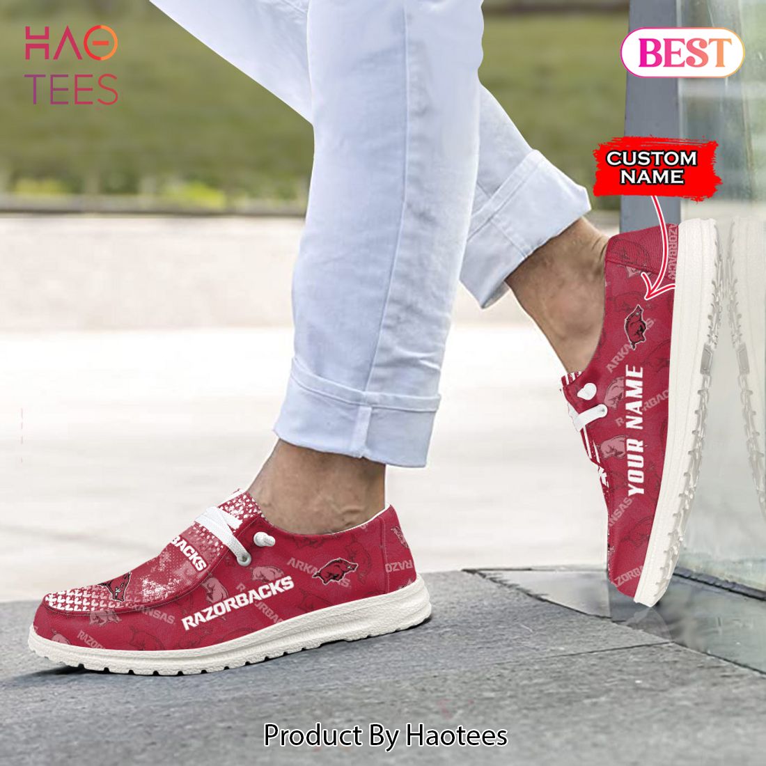 TRENDING NCAA Arkansas Razorbacks Custom Name Hey Dude Shoes POD Design TRENDING NCAA Arkansas Razorbacks Custom Name Hey Dude Shoes POD Design