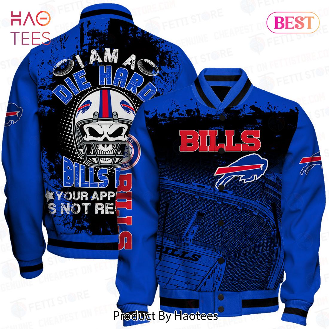 [AVAILABLE] Buffalo Bills Skull Helmet Halloween Pattern Varsity Jacket