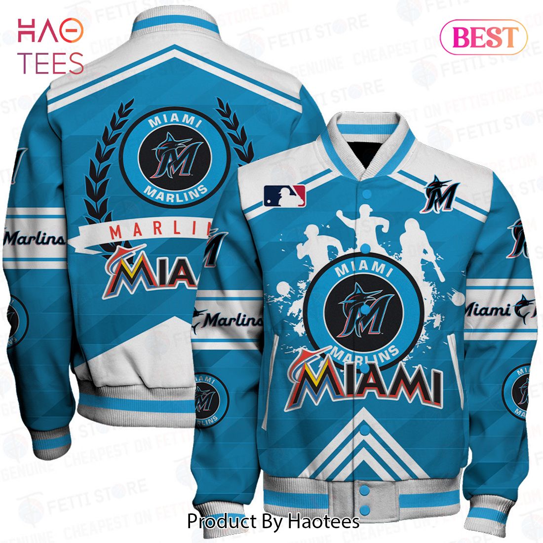 AVAILABLE Miami Marlins Major League Baseball Pattern Varsity Jacket AVAILABLE Miami Marlins Major League Baseball Pattern Varsity Jacket