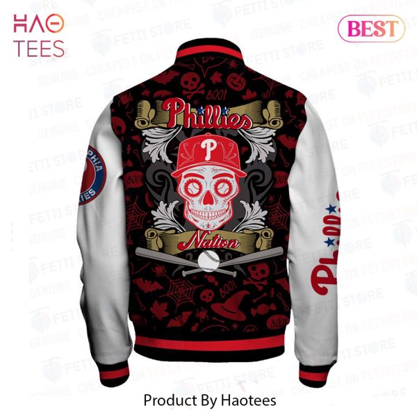 AVAILABLE Philadelphia Phillies MLB Halloween Pattern Varsity Jacket