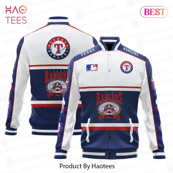 AVAILABLE Texas Rangers Baseball White And Navy Pattern Varsity Jacket