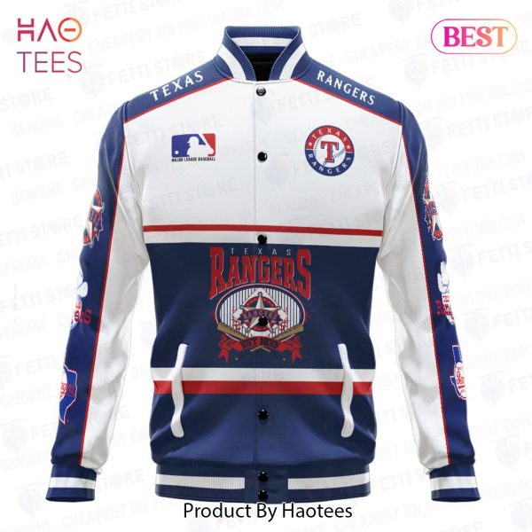 AVAILABLE Texas Rangers Baseball White And Navy Pattern Varsity Jacket