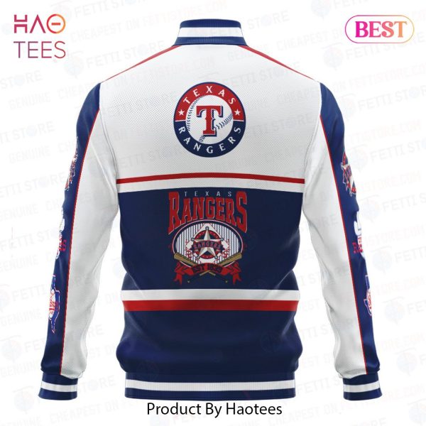 AVAILABLE Texas Rangers Baseball White And Navy Pattern Varsity Jacket