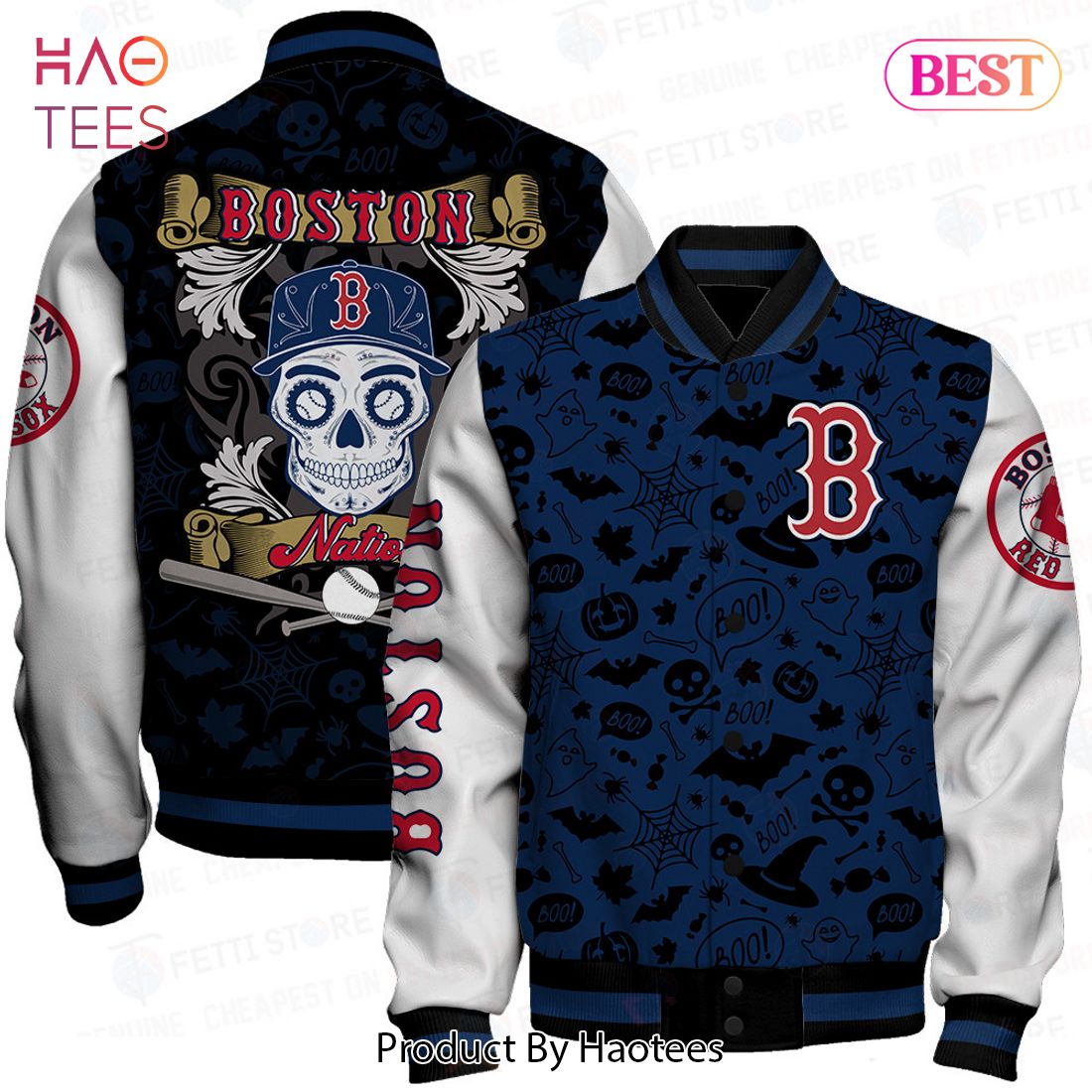 BEST Boston Red Sox MLB Halloween Pattern Varsity Jacket